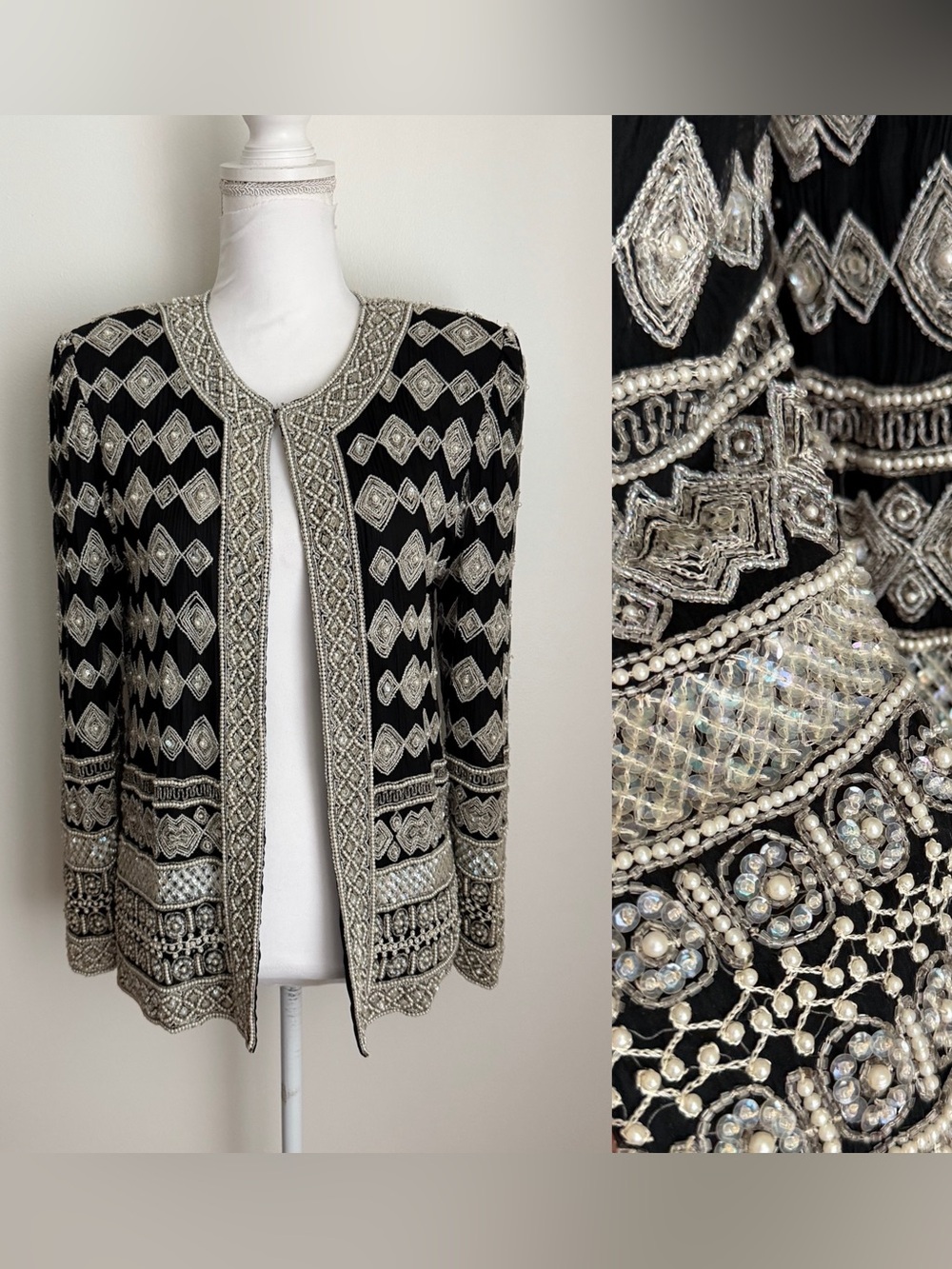 Vintage Adrianna Papell Black Silk Evening Cocktail Jacket, Beads and Sequins, M